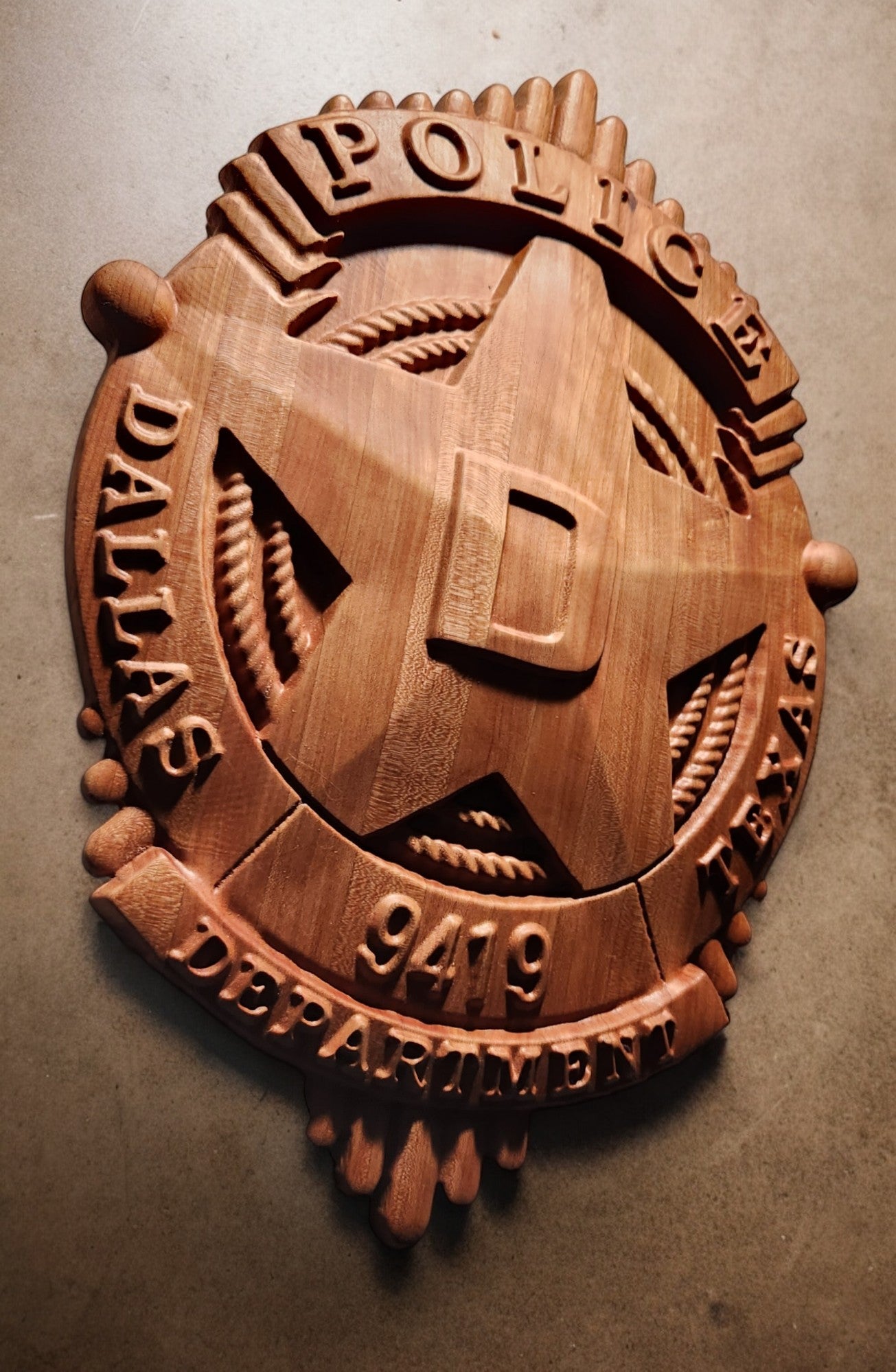 3D Hardwood Carved Police Badge | Dallas, TX Police Department | Wooden Badge | Custom Badge Plaque