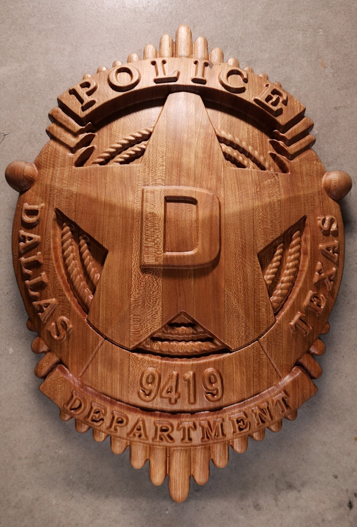 3D Hardwood Carved Police Badge | Dallas, TX Police Department | Wooden Badge | Custom Badge Plaque