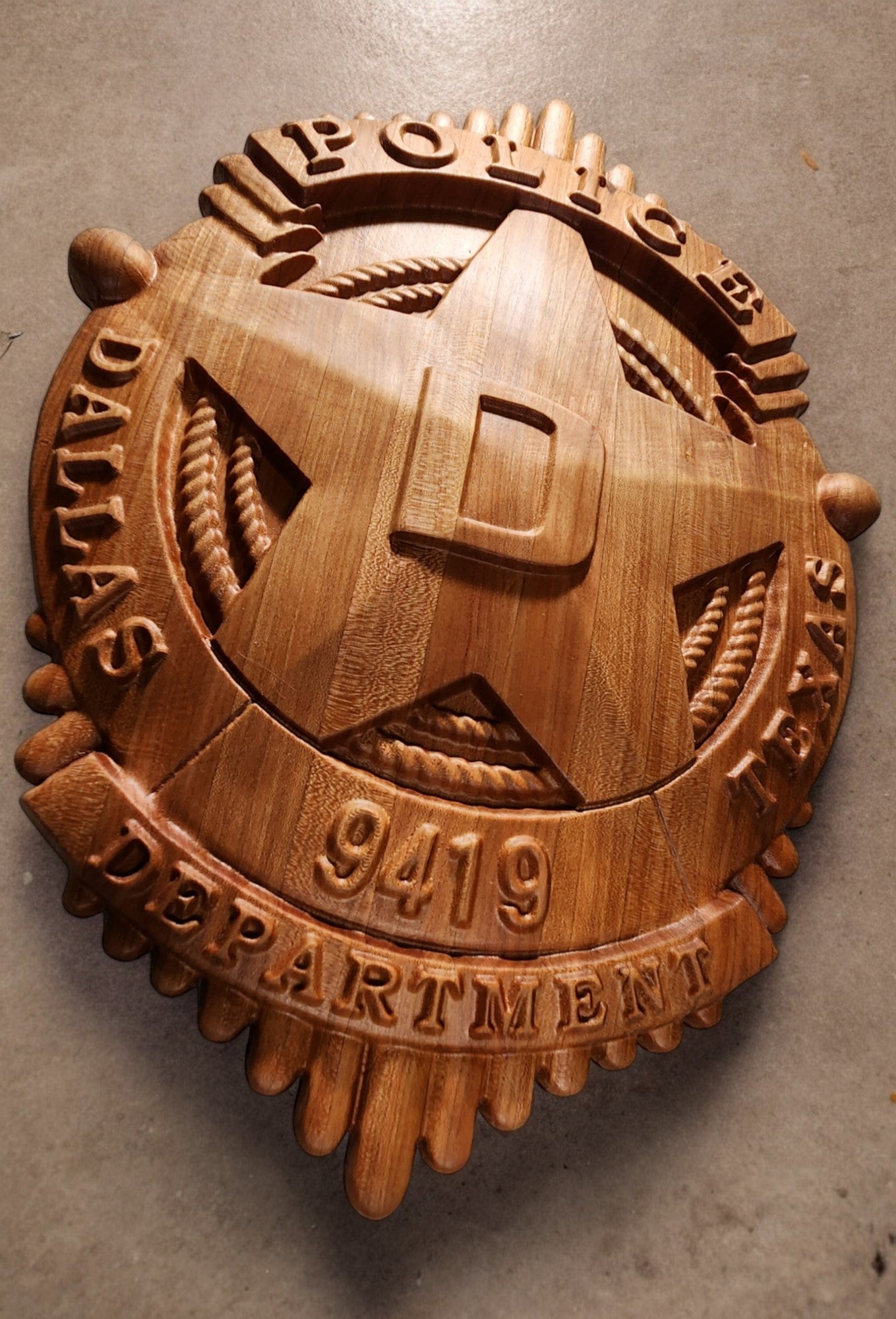 3D Hardwood Carved Police Badge | Dallas, TX Police Department | Wooden Badge | Custom Badge Plaque