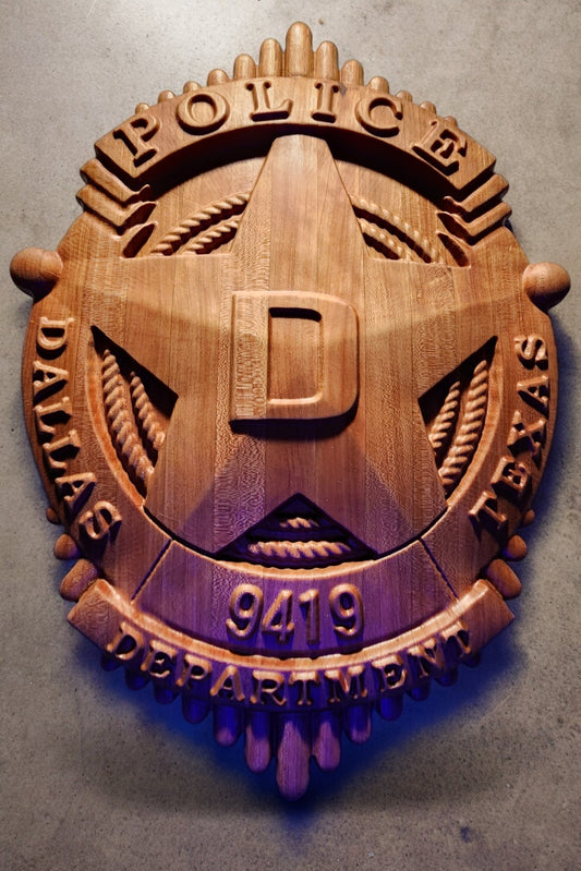 3D Hardwood Carved Police Badge | Dallas, TX Police Department | Wooden Badge | Custom Badge Plaque