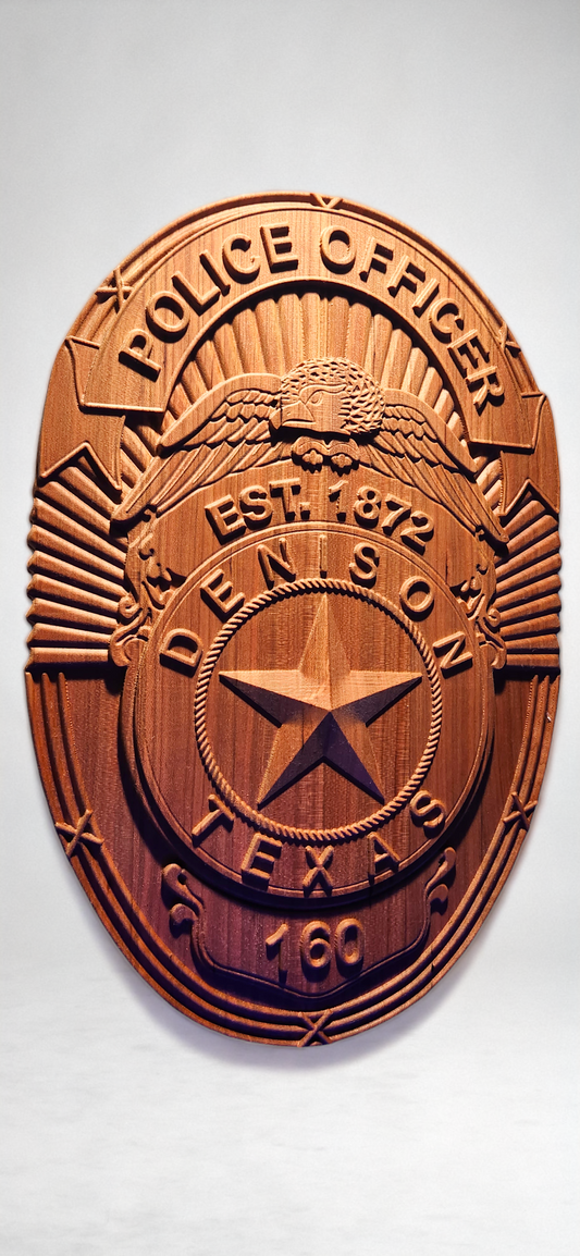 3D Hardwood Carved Police Badge | Denison, TX Police Department | Wooden Badge | Custom Badge Plaque